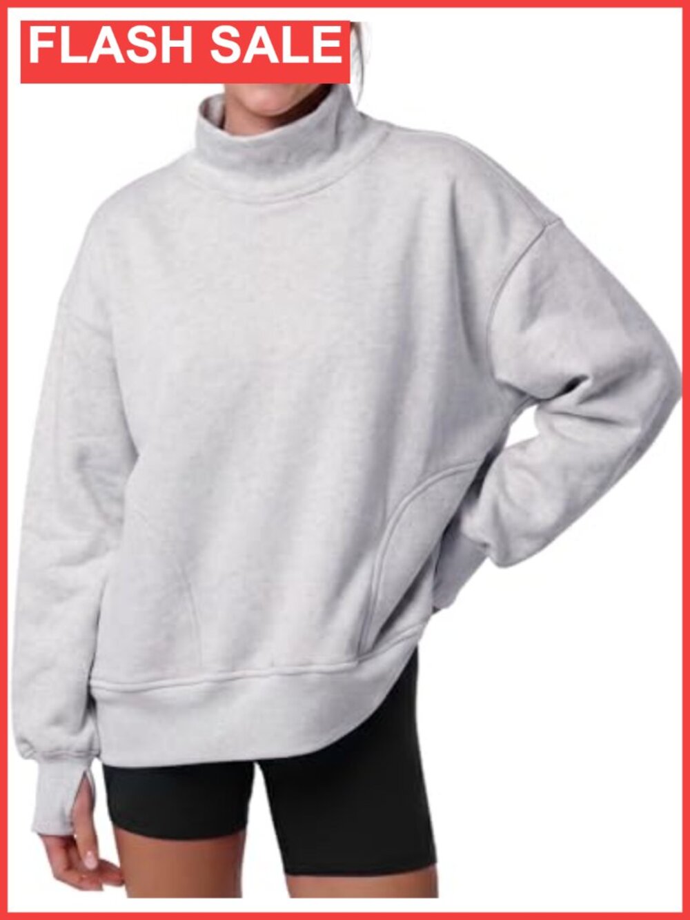 Oversized Mock Neck Sweatshirt Fleece Lined Pullover Thumbholes Pockets